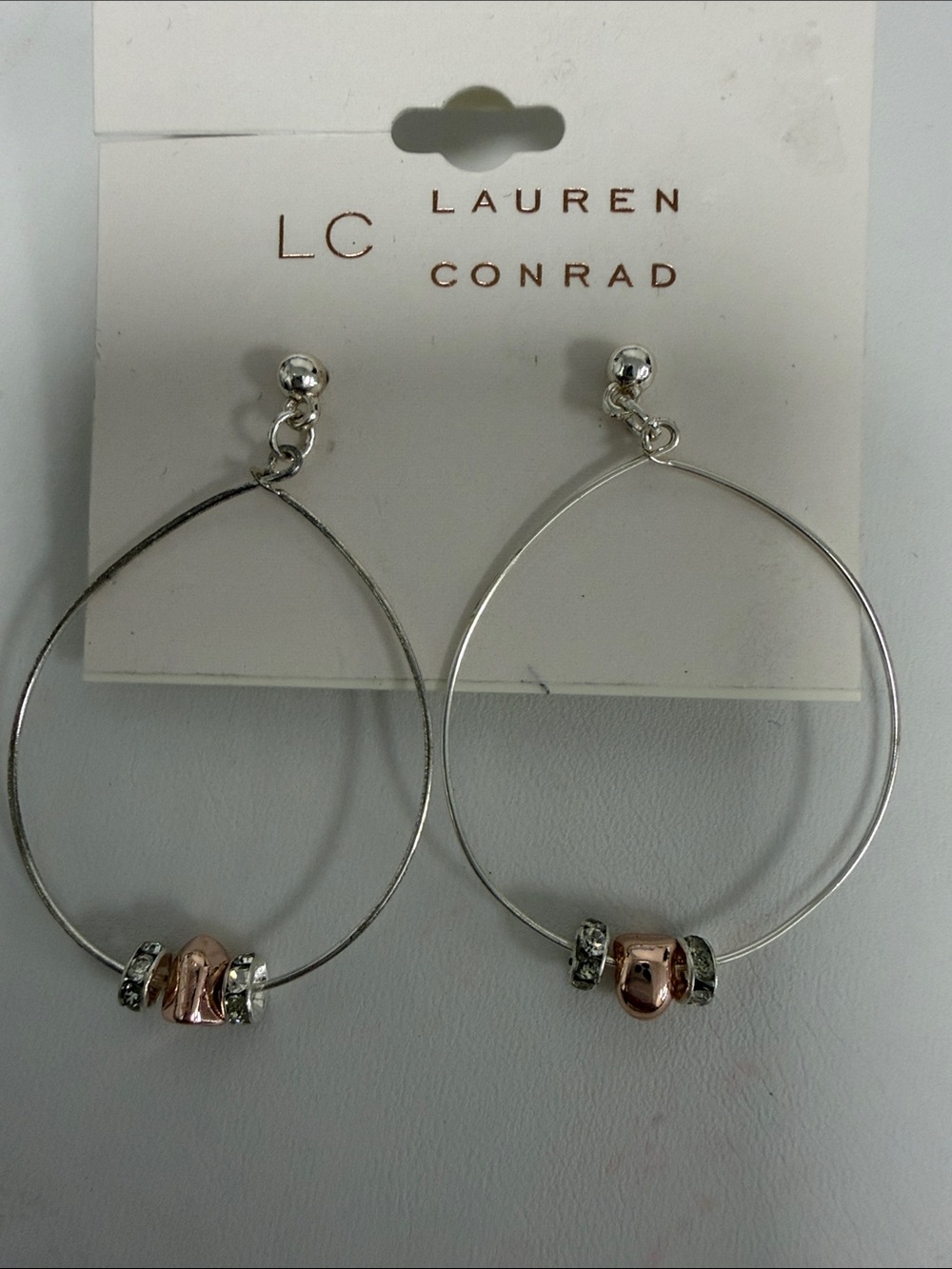 LC Lauren Conrad Silver Hoop Earrings with Rose Gold Bead and Crystal Accents